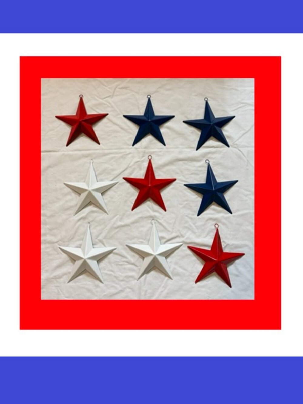 Set of Nine (9) 3 Red 3 White 3 Blue Painted Tin Stars 6 3/4" wide & tall 16006B